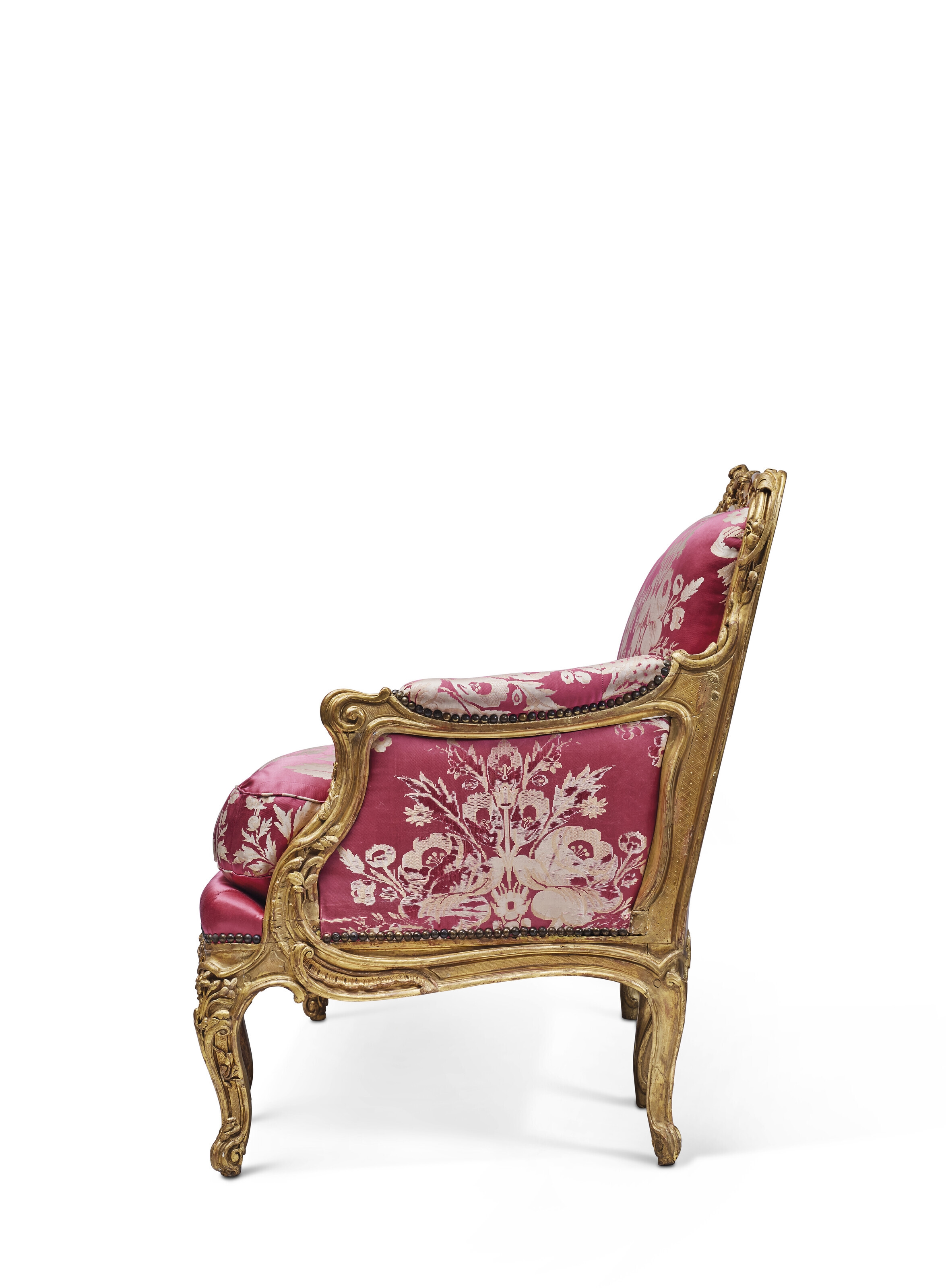 Artwork by Nicolas Heurtaut, A LOUIS XV GILT-BEECHWOOD CANAPE, Made of red and white silk
