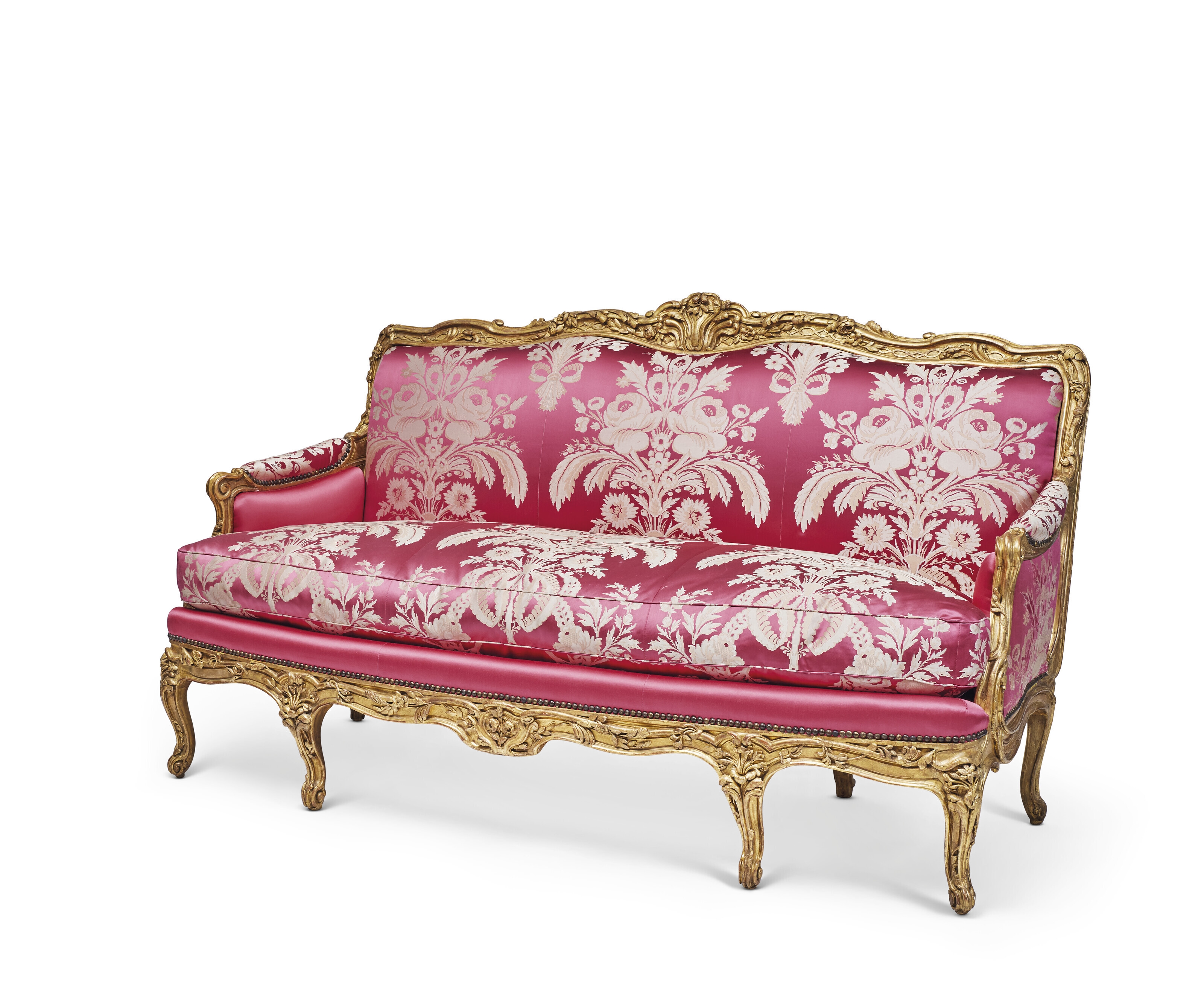Artwork by Nicolas Heurtaut, A LOUIS XV GILT-BEECHWOOD CANAPE, Made of red and white silk