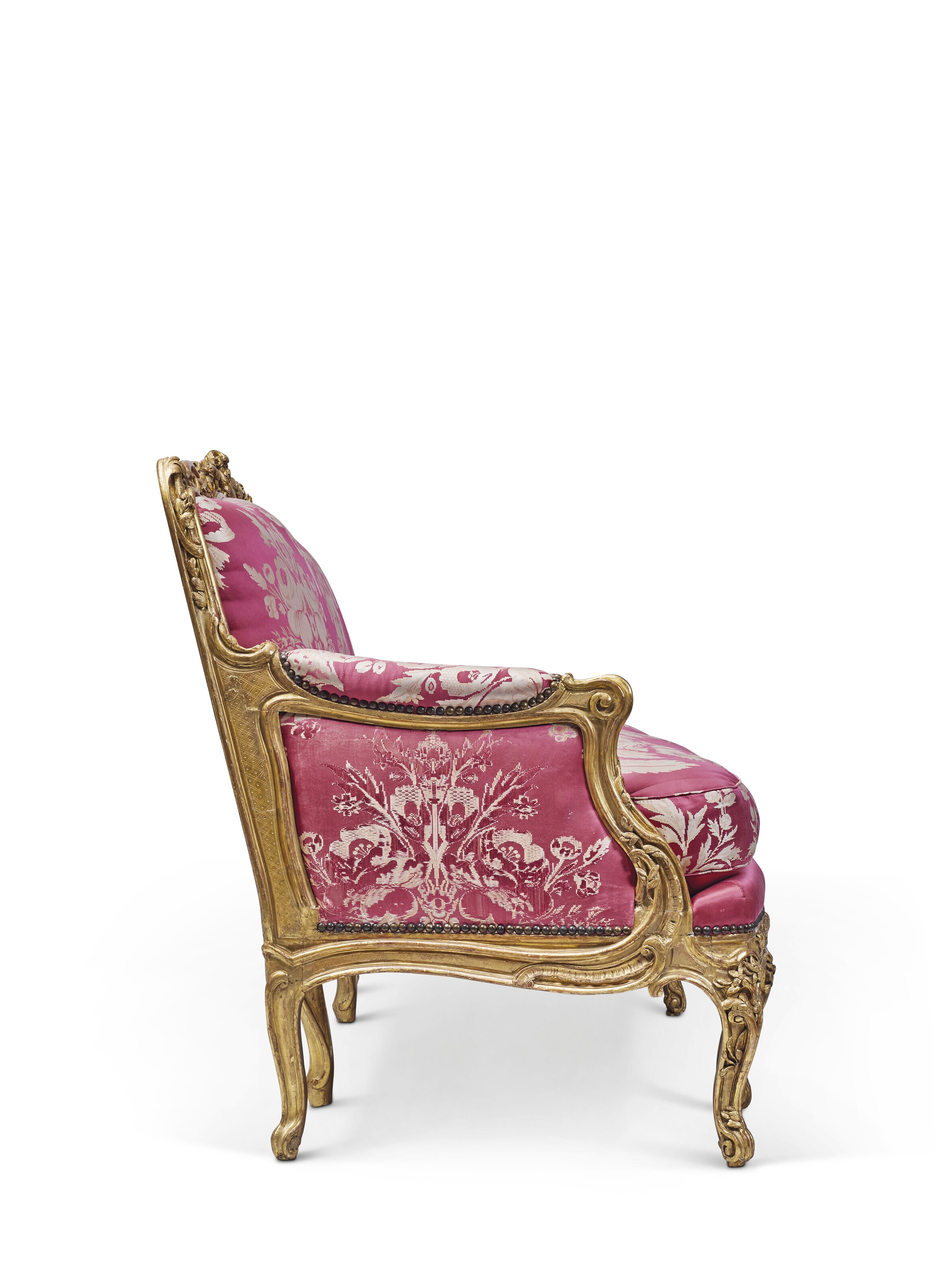 Artwork by Nicolas Heurtaut, A LOUIS XV GILT-BEECHWOOD CANAPE, Made of red and white silk