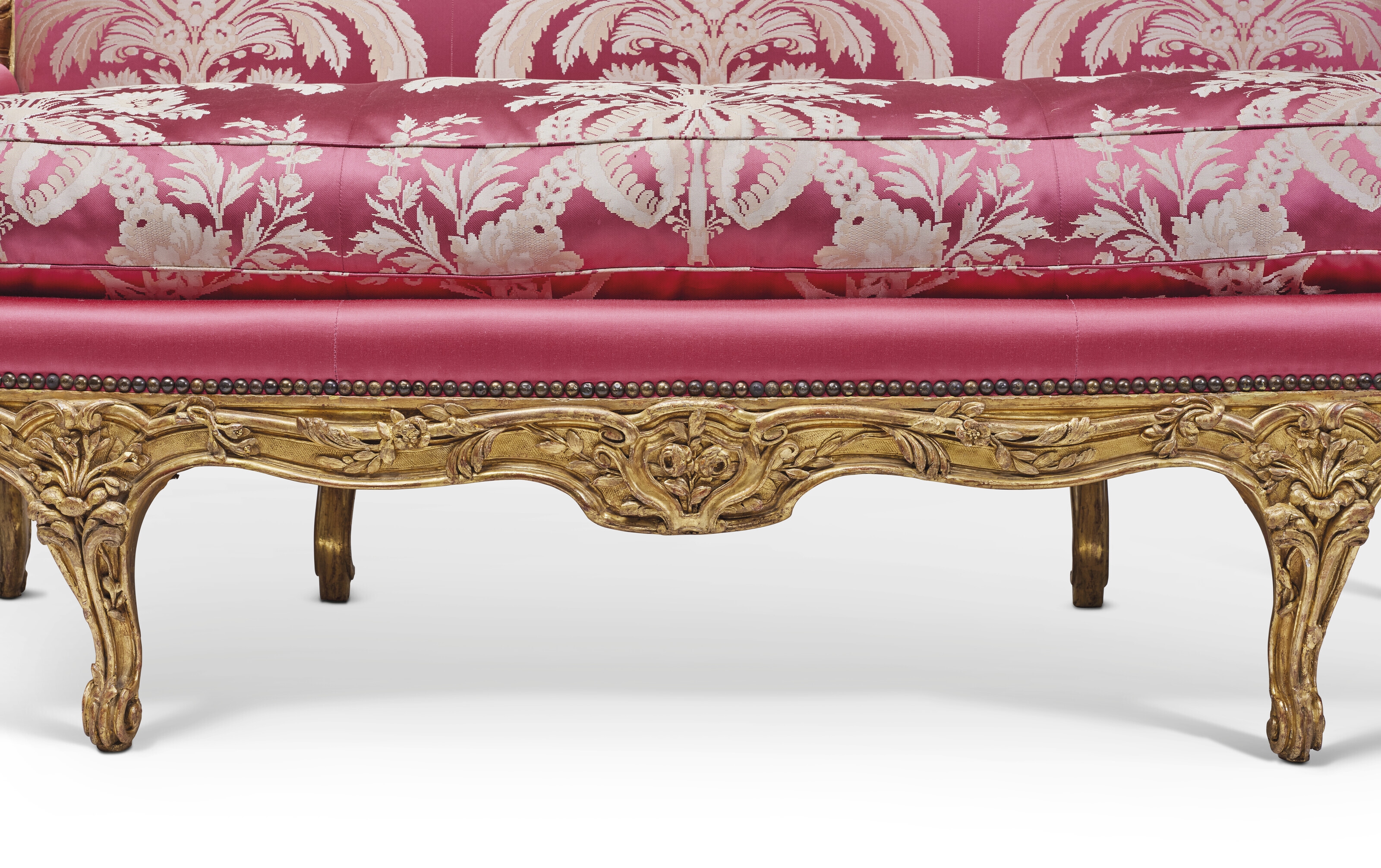 Artwork by Nicolas Heurtaut, A LOUIS XV GILT-BEECHWOOD CANAPE, Made of red and white silk