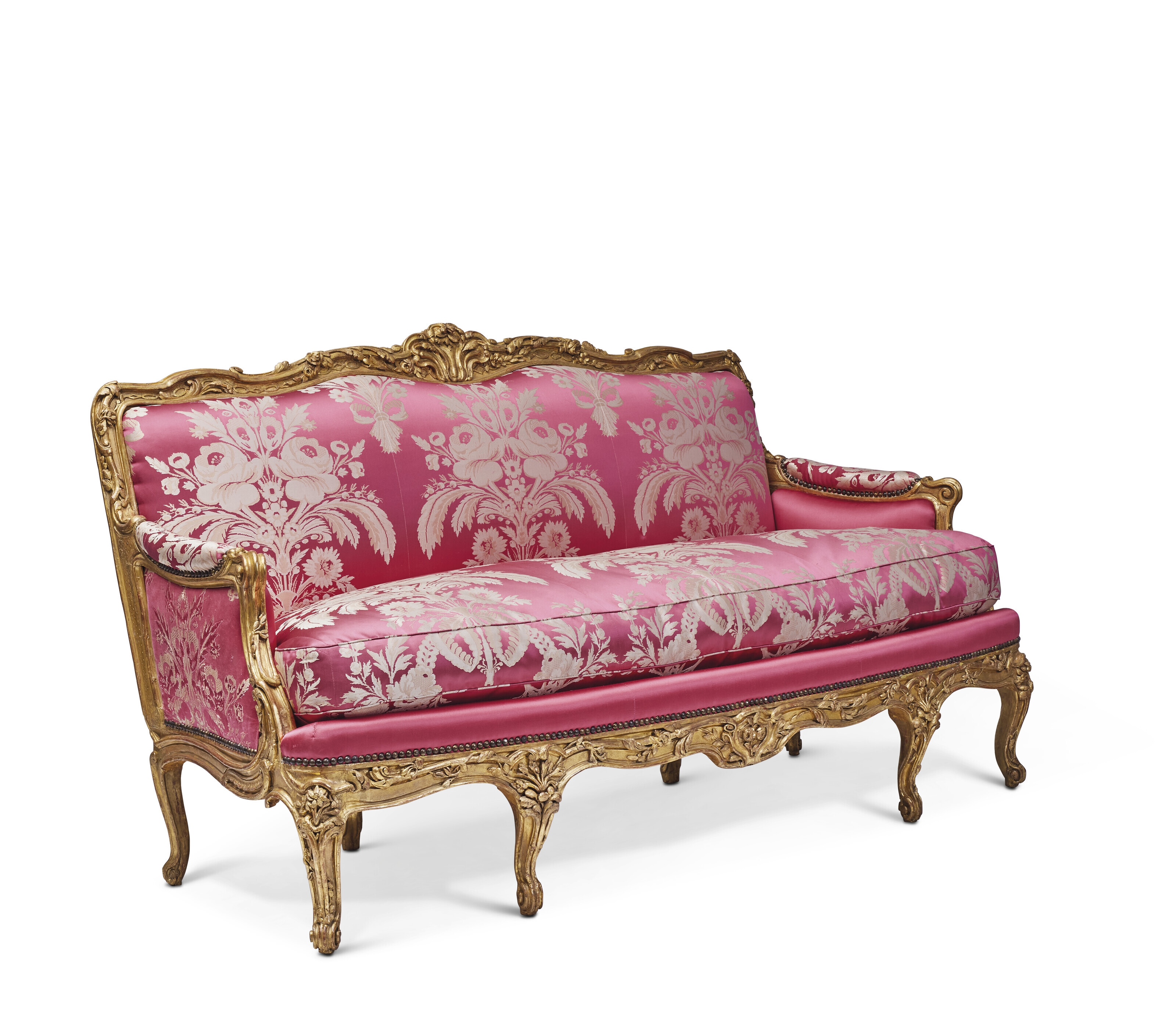 Artwork by Nicolas Heurtaut, A LOUIS XV GILT-BEECHWOOD CANAPE, Made of red and white silk