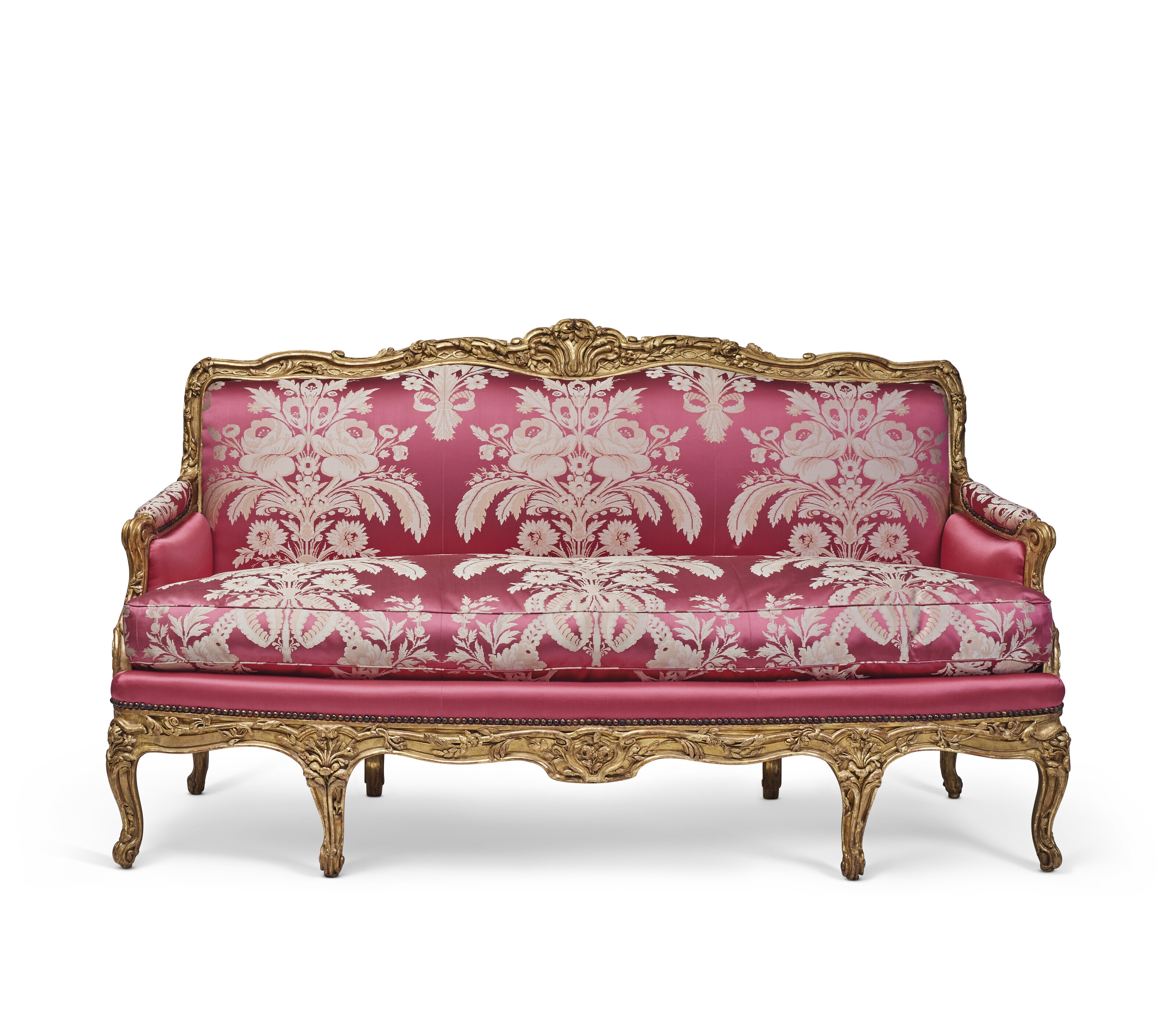 Artwork by Nicolas Heurtaut, A LOUIS XV GILT-BEECHWOOD CANAPE, Made of red and white silk