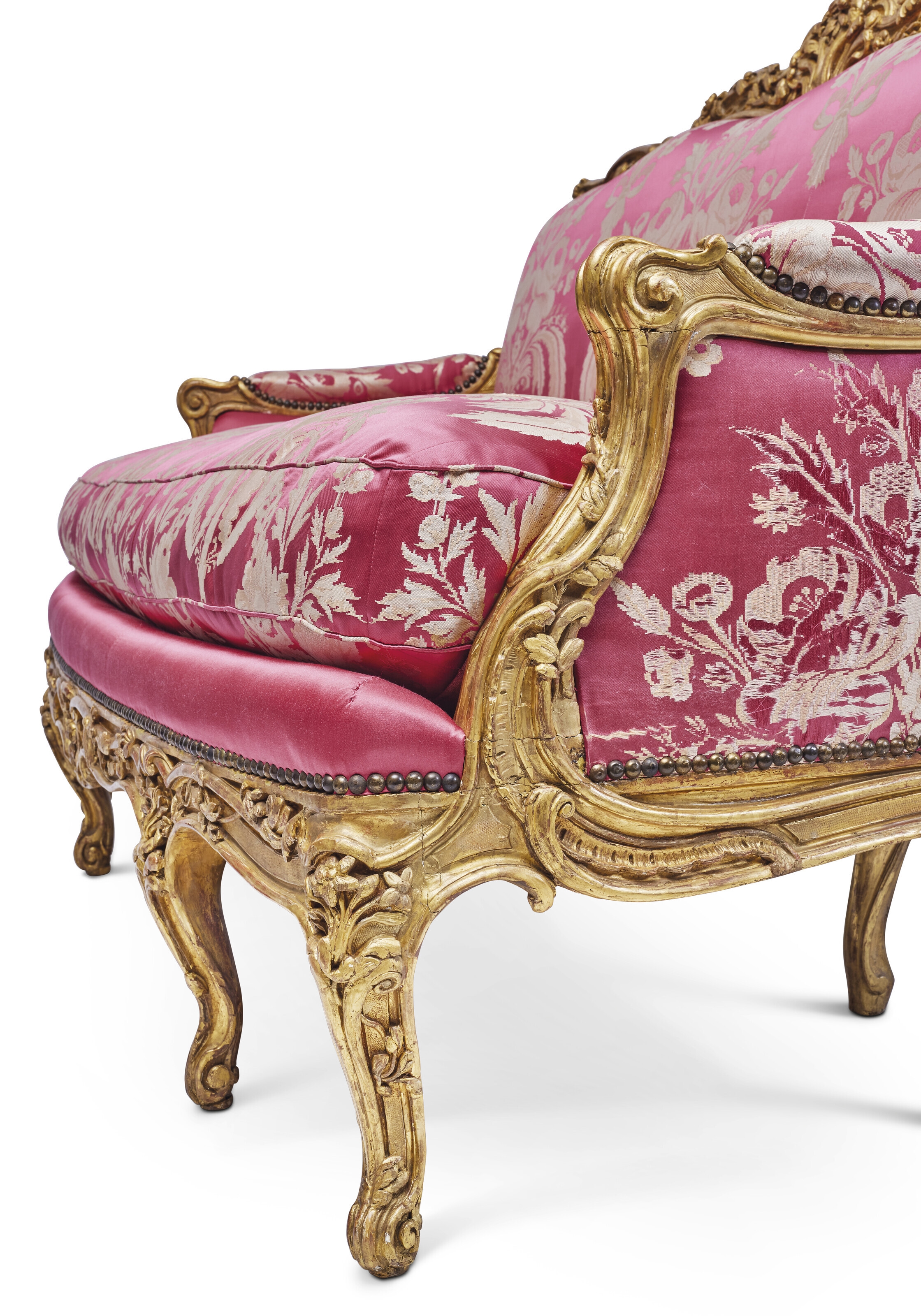 Artwork by Nicolas Heurtaut, A LOUIS XV GILT-BEECHWOOD CANAPE, Made of red and white silk