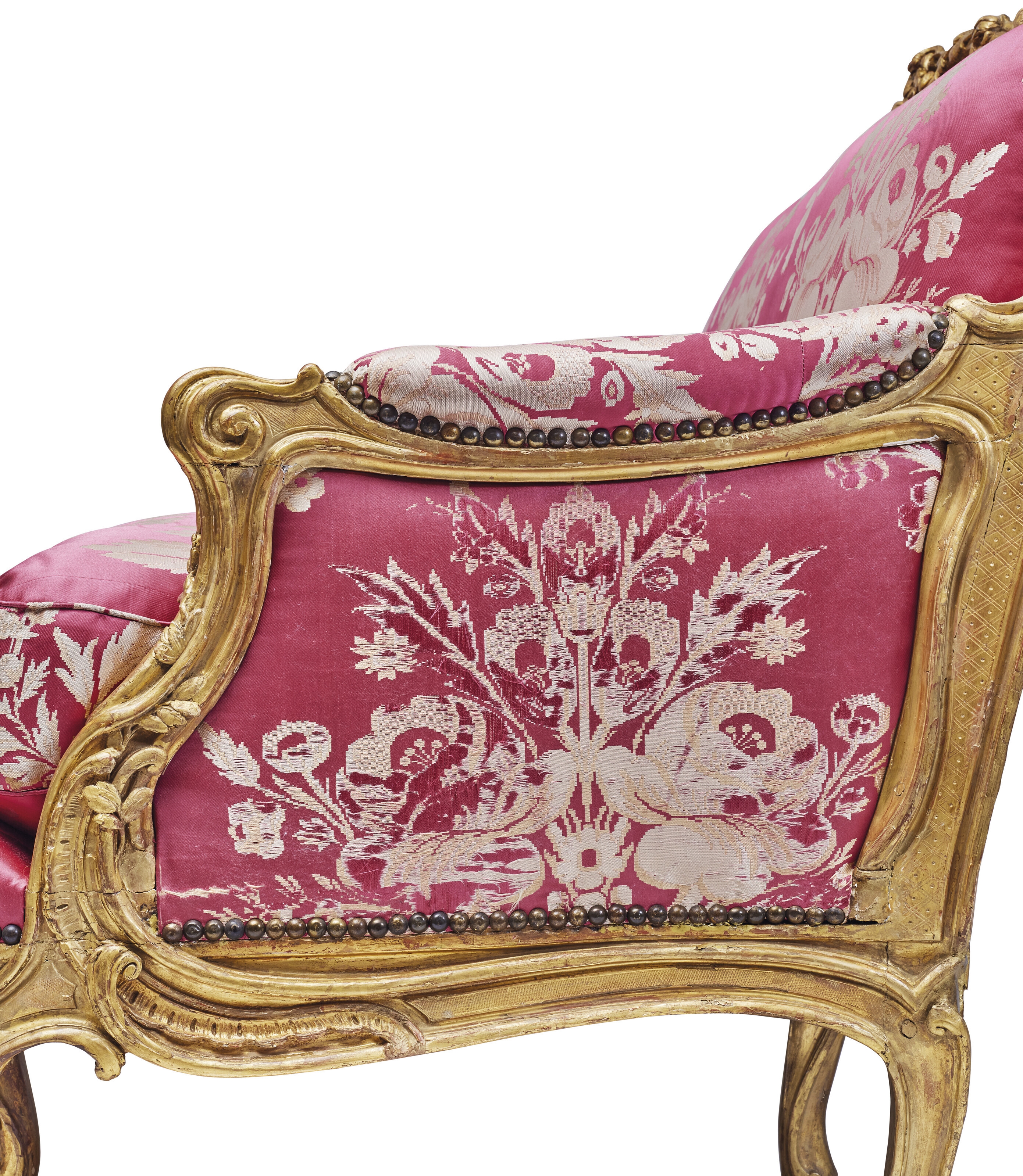 Artwork by Nicolas Heurtaut, A LOUIS XV GILT-BEECHWOOD CANAPE, Made of red and white silk