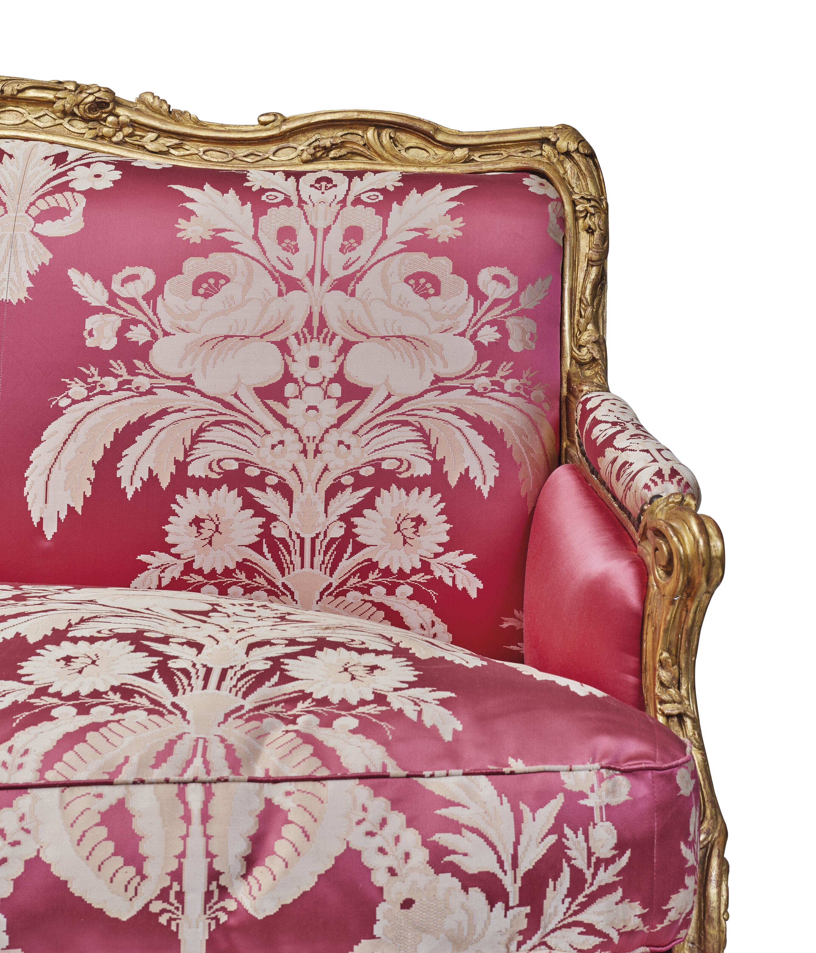 Artwork by Nicolas Heurtaut, A LOUIS XV GILT-BEECHWOOD CANAPE, Made of red and white silk