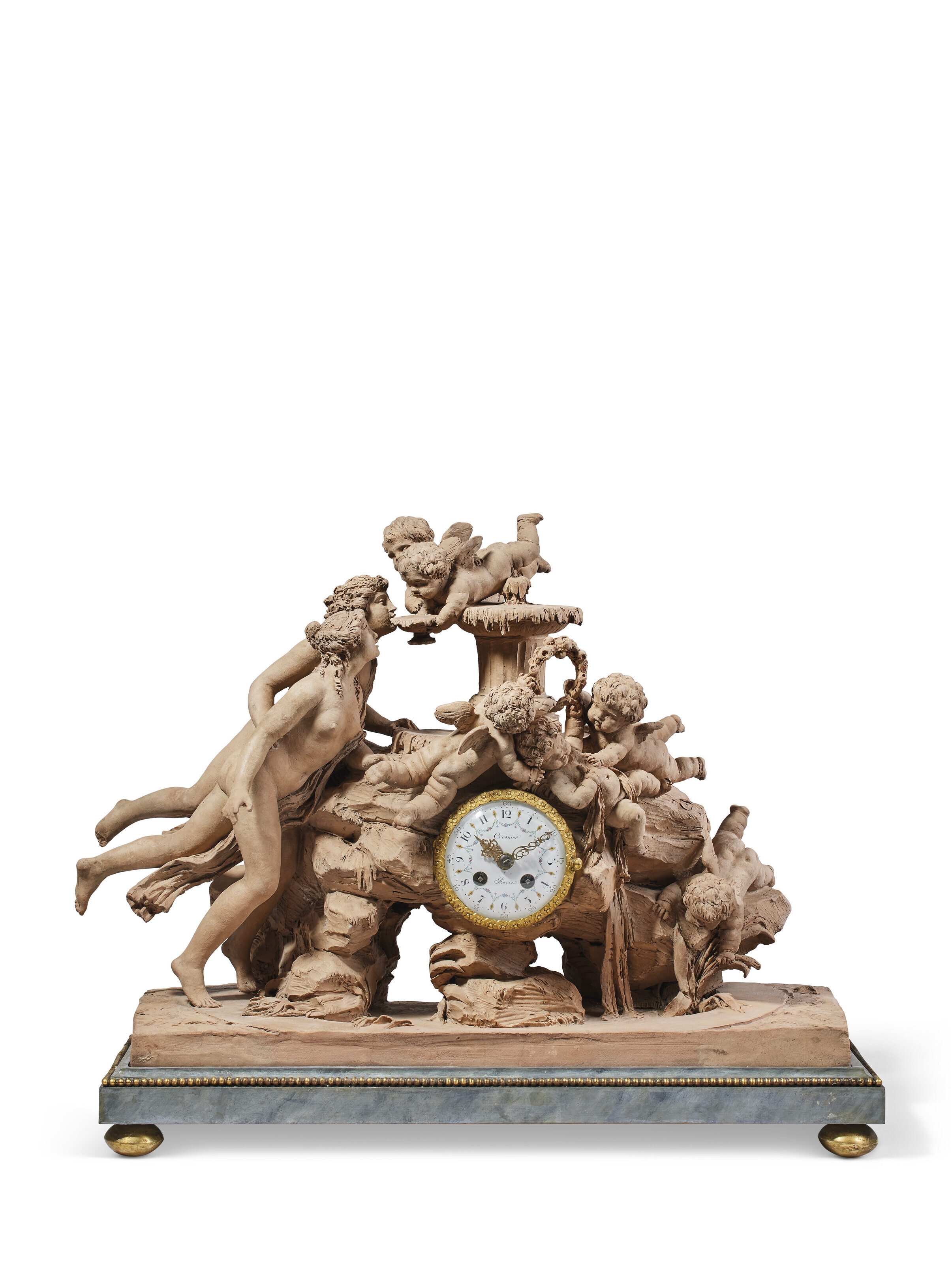 A TERRACOTTA CLOCK DEPICTING 'LA FONTAINE DE L'AMOUR' by Claude Michel Clodion, LATE 18TH CENTURY