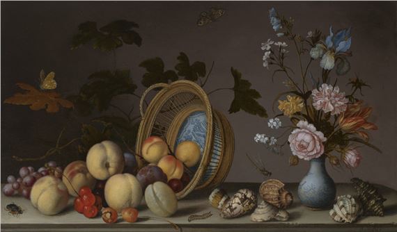 A still life with flowers in a porcelain vase, seashells and an overturned basket of fruit by Balthasar van der Ast