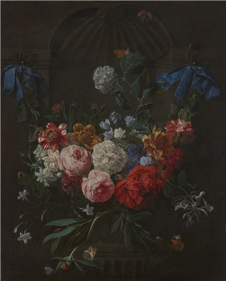 A swag of roses, peonies, anemones, snowballs, carnations and other flowers suspended from ribbons before a stone niche, with butterflies, caterpillars and other insects by Nicolaes van Veerendael