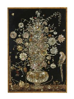 AN ENGRAVED MOTHER-OF-PEARL, LAPIS LAZULI AND RED CORAL INLAID SLATE, SIENA AND BRECCIA MARBLE PANEL - Dirck Van Rijswijck