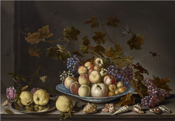 Fruit in a kraak porcelain dish with quinces, roses, shells and insects by Balthasar van der Ast