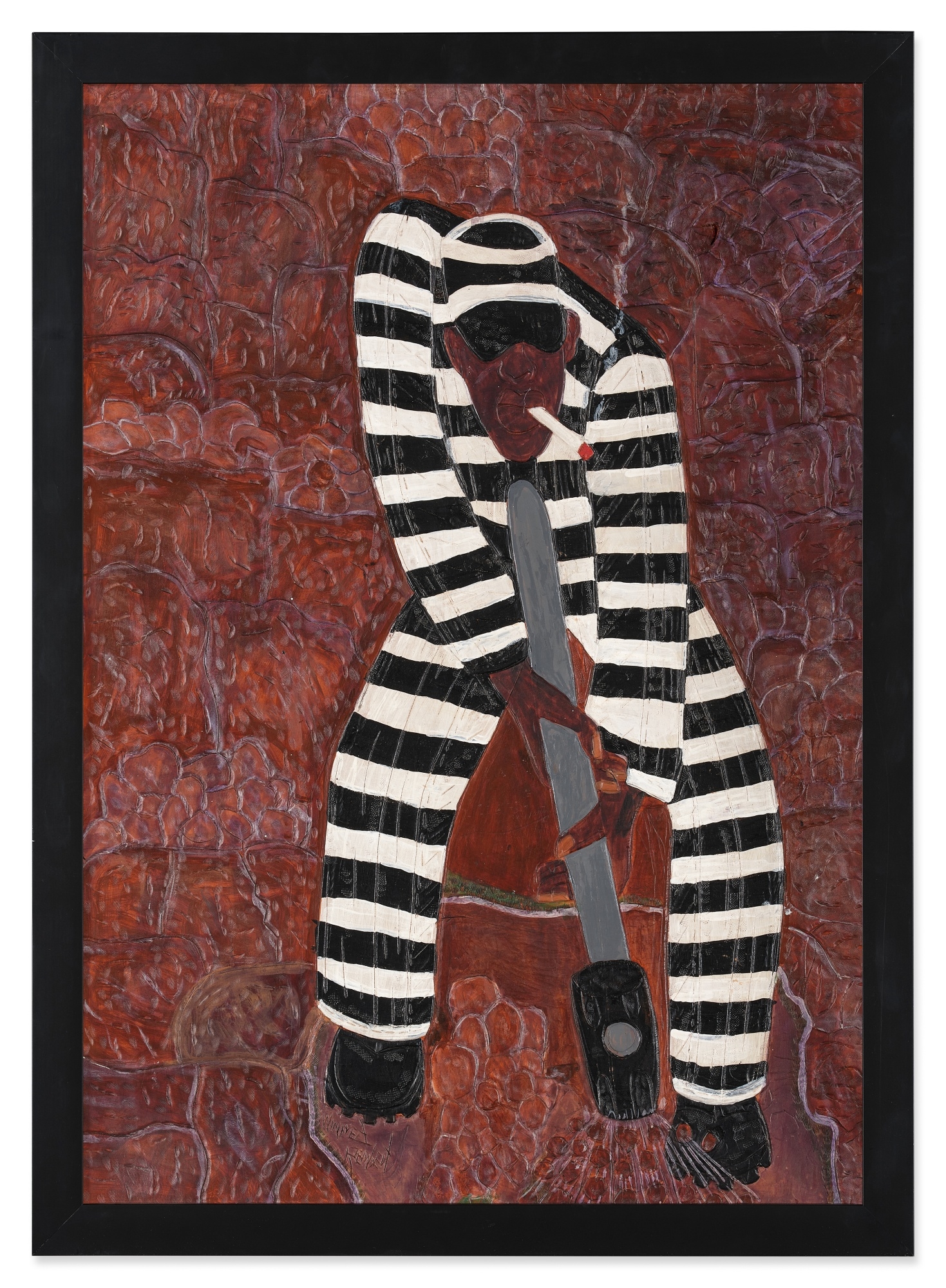 Artwork by Winfred Rembert, Untitled (The Chain Gang Smoker), Made of acrylic on carved and tooled leather