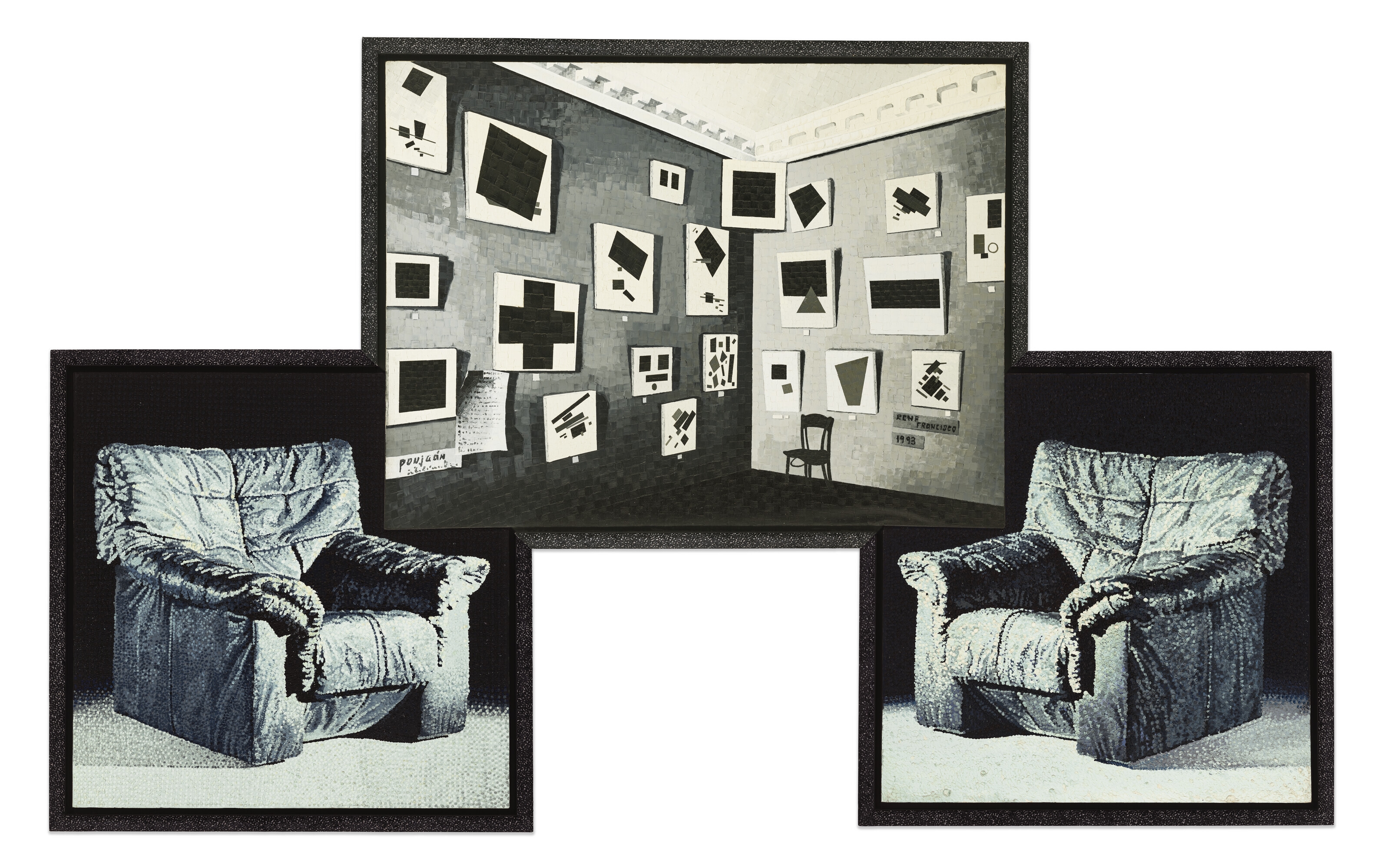 Artwork by René Francisco, Eduardo Ponjuán, Arte y confort, Made of oil and tapestry on canvas