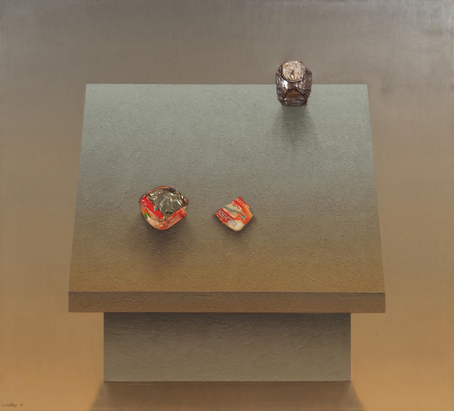 Artwork by Alejandro Arostegui, Mesa Y Objetos No. 1 (Table and Objects), 1981, Made of mixed media and oil on canvas