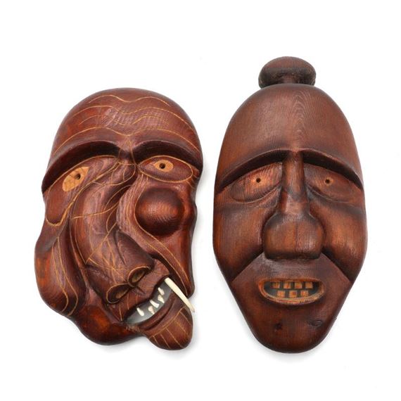 Jokum Edvard Jacob Sikemsen | Two carved wooden masks with bone teeth ...