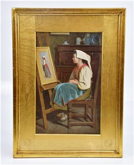 a Dutch lady sitting on a chair in front a court cupboard and blue and white ceramics looking at a portrait of herself - J. Knight