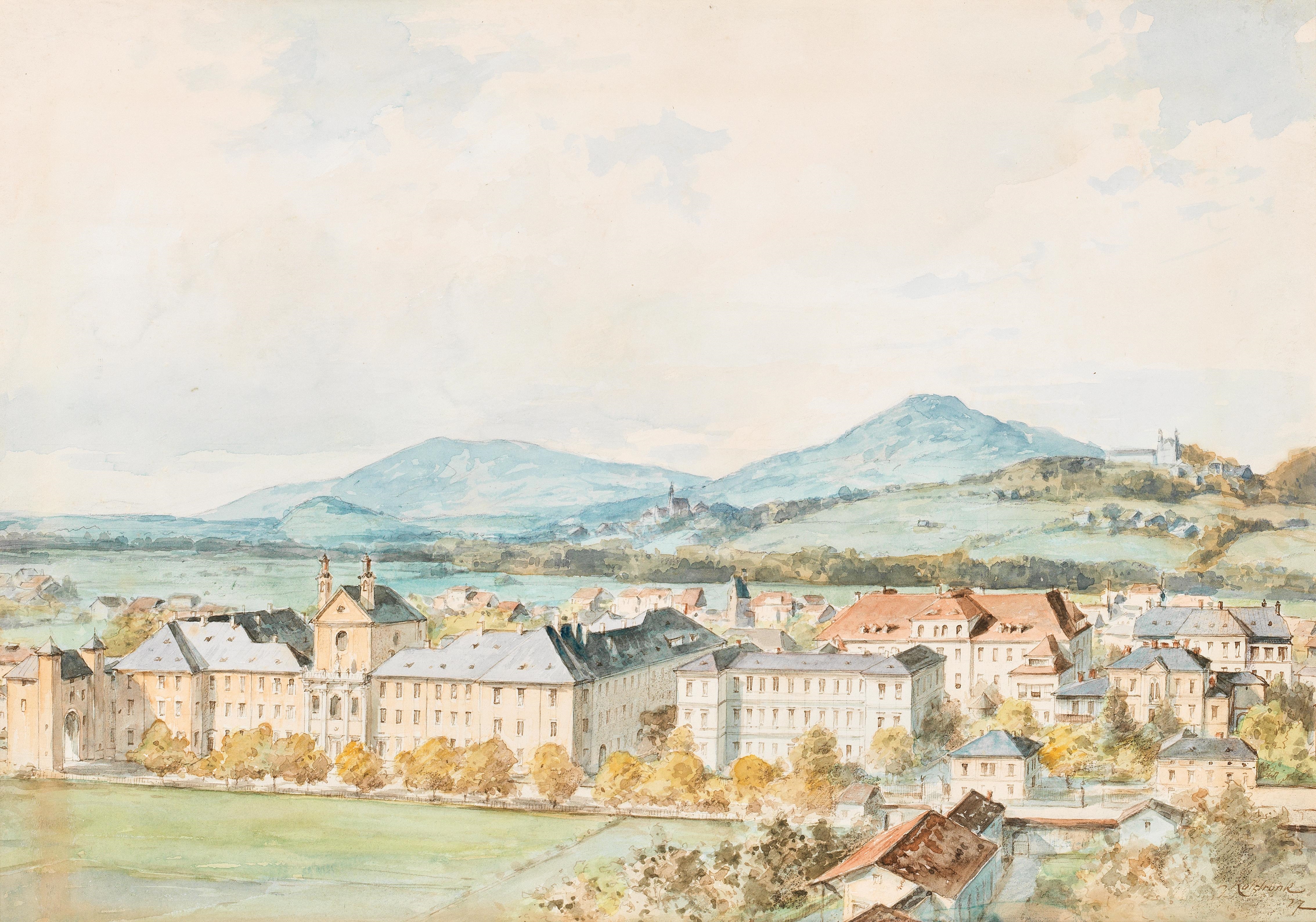 A view of Salzburg; Salzach river in the foreground with the old St- John’s Hospital - Franz Kulstrunk