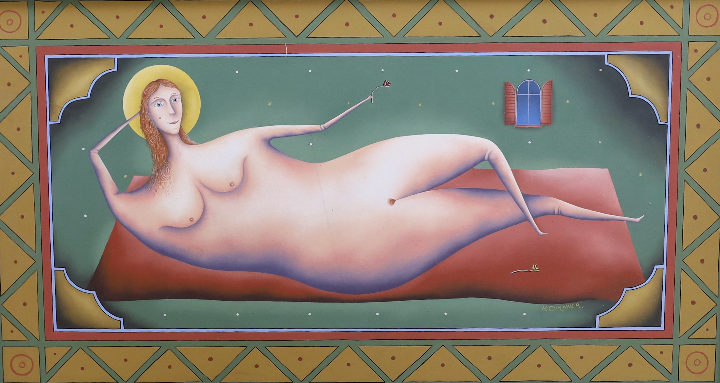 Reclining nude lady with geometric border by Hadyn Cornner
