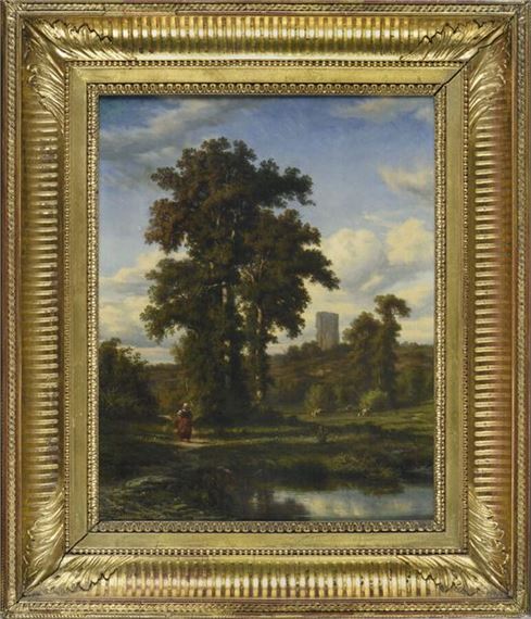 Lively landscape with large oak tree and ruin by Auguste Böhm