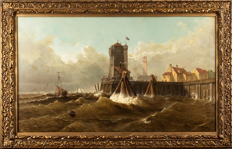 Hafenmole an der englischen Küste mit Turm und Flagge - Carl Wilhelm Barth