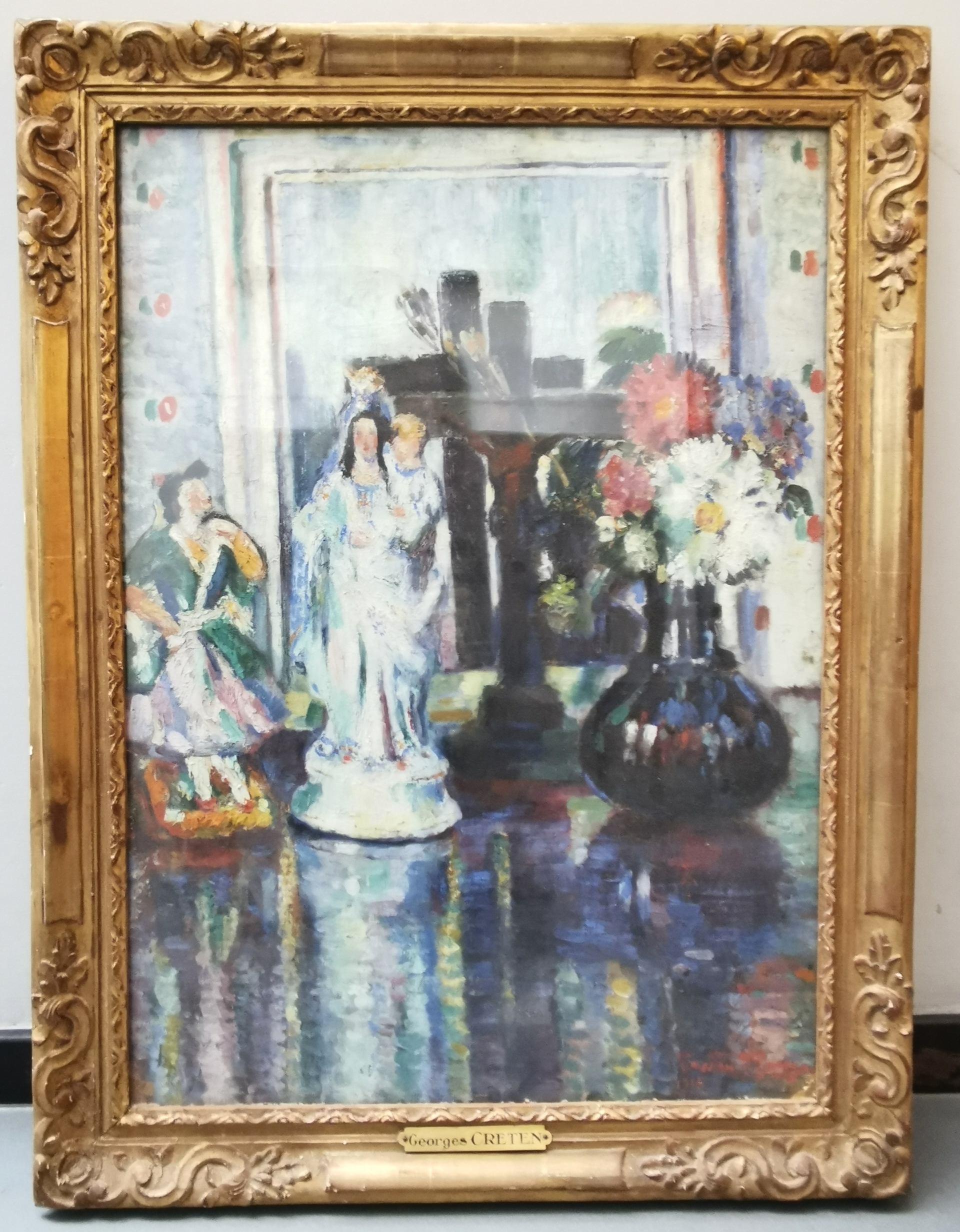 Artwork by Georges Creten, Vase de fleurs et figurines, Made of oil on canvas