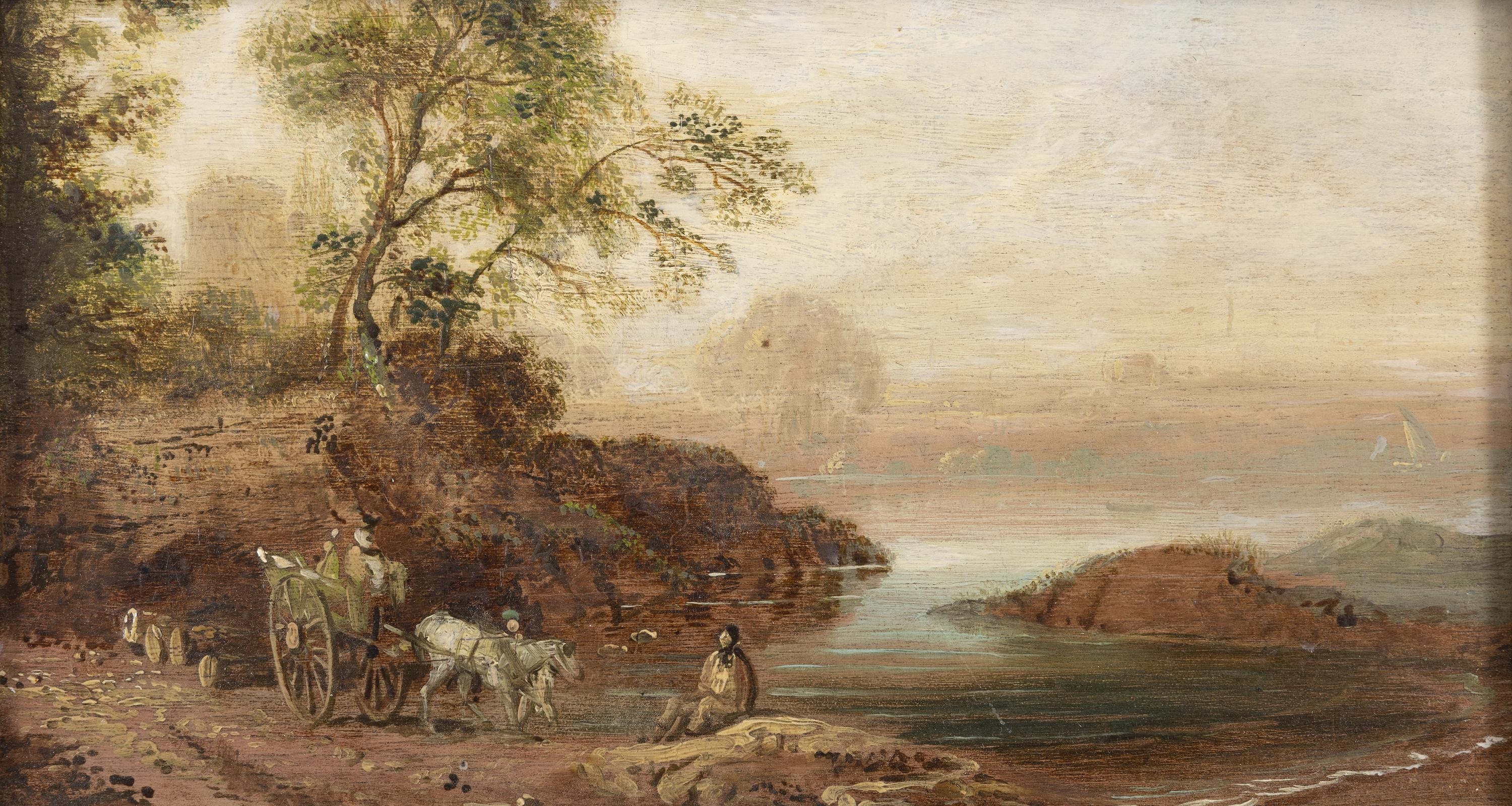 Artwork by William Sadler, Figures in a River Landscape, Made of Oil on wood