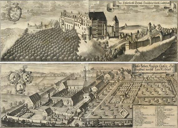 Das Churfürstl: Schloß Traußniz Nechst Landshuett (Trausnitz Castle); Unser Lieben Frauten Kloster Selingthal nechst Landtshuet (Seligenthal Monastery) - Johann Matthias Steidlin