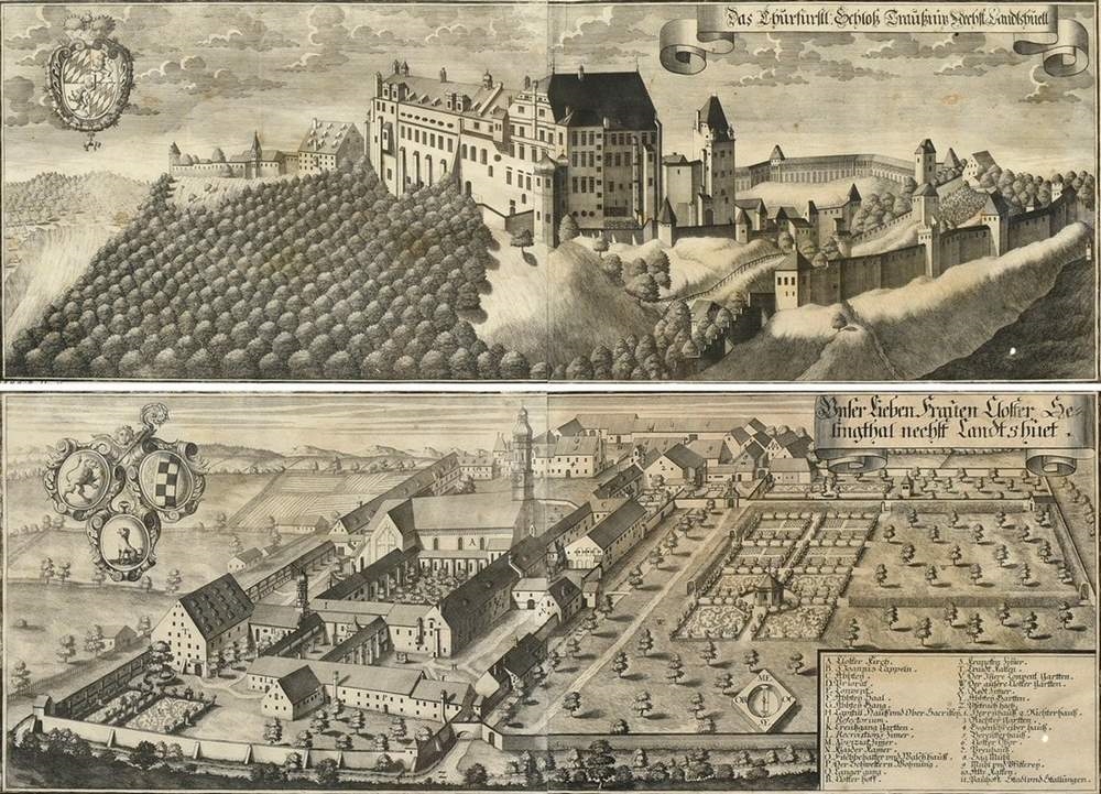 Artwork by Johann Matthias Steidlin, Das Churfürstl: Schloß Traußniz Nechst Landshuett (Trausnitz Castle); Unser Lieben Frauten Kloster Selingthal nechst Landtshuet (Seligenthal Monastery), Made of copper engravings