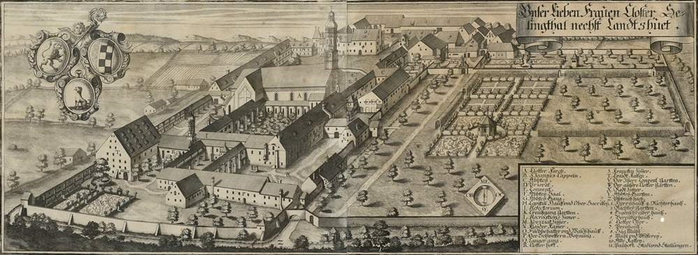 Artwork by Johann Matthias Steidlin, Das Churfürstl: Schloß Traußniz Nechst Landshuett (Trausnitz Castle); Unser Lieben Frauten Kloster Selingthal nechst Landtshuet (Seligenthal Monastery), Made of copper engravings