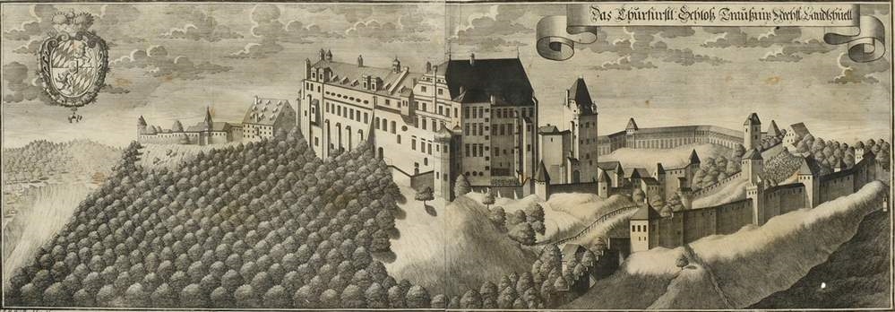 Artwork by Johann Matthias Steidlin, Das Churfürstl: Schloß Traußniz Nechst Landshuett (Trausnitz Castle); Unser Lieben Frauten Kloster Selingthal nechst Landtshuet (Seligenthal Monastery), Made of copper engravings