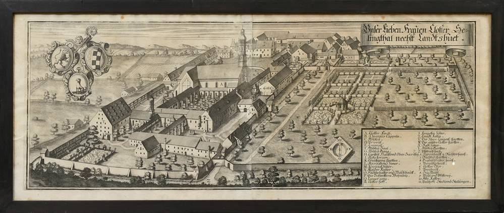 Artwork by Johann Matthias Steidlin, Das Churfürstl: Schloß Traußniz Nechst Landshuett (Trausnitz Castle); Unser Lieben Frauten Kloster Selingthal nechst Landtshuet (Seligenthal Monastery), Made of copper engravings