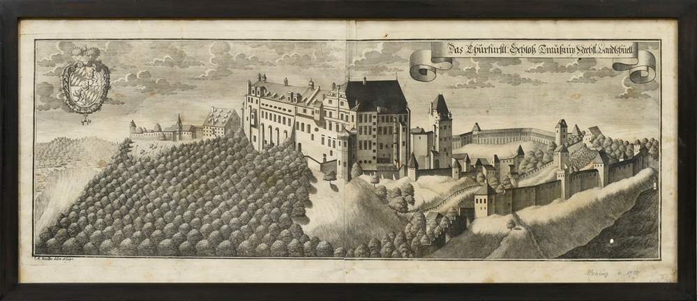 Artwork by Johann Matthias Steidlin, Das Churfürstl: Schloß Traußniz Nechst Landshuett (Trausnitz Castle); Unser Lieben Frauten Kloster Selingthal nechst Landtshuet (Seligenthal Monastery), Made of copper engravings