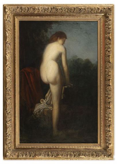 Redheaded woman, nude, from behind, drying herself, against a park background by Jean-Jacques Henner