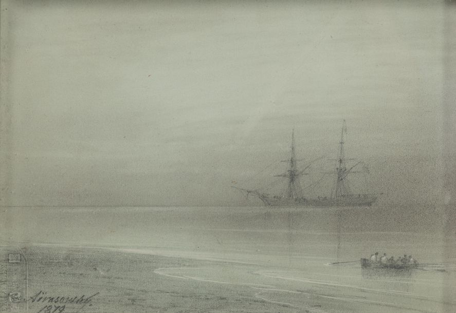 Artwork by Ivan Aivazovsky, Boat joining ship at dusk, 1879, Made of gouache on paper