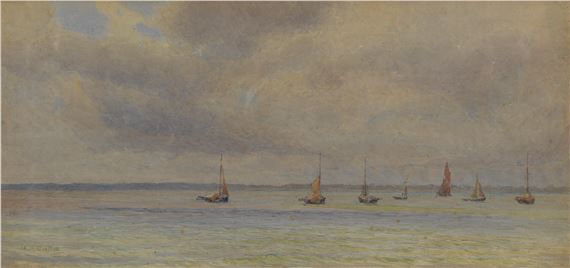 Sailing boats at anchor; a grey day in the Solent; a still morning, (3) by Alma Claude Burlton Cull, 1908
