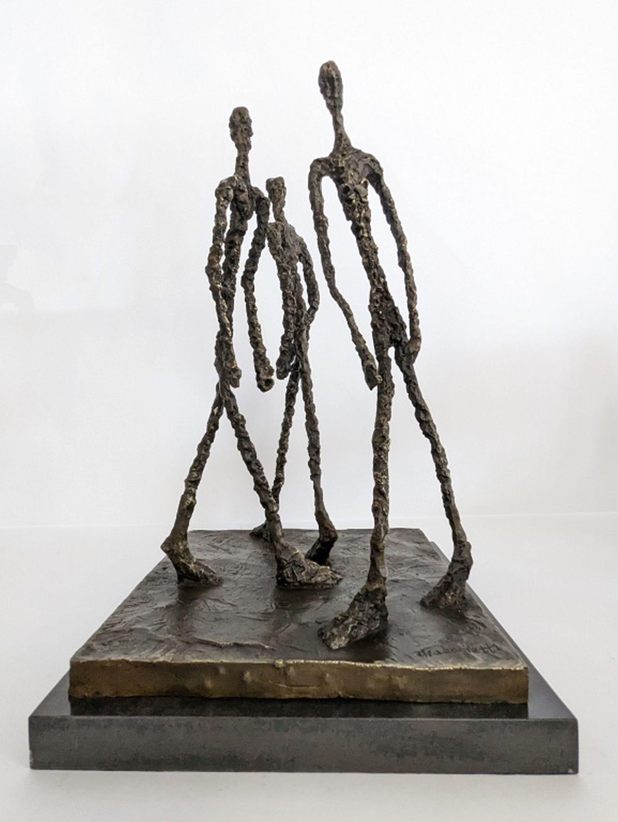 Artwork by Alberto Giacometti, Three Men Walking, Made of Bronze with applied patina on marble base