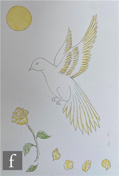 Dove with a yellow rose and petals by Pam Goss