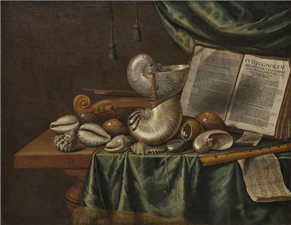 Edwaert Collier | Vanitas still life with assorted shells, musical ...