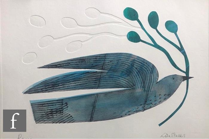 Artwork by Lucy Stubbs, Dove with Olive Branch, Made of Drypoint etching using Tetra Pak