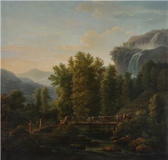 Arcadian landscape with cattle crossing a wooden bridge and a waterfall in the distance - Jean-Pierre-Xavier Bidauld