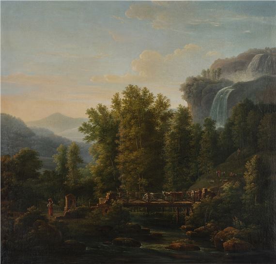 Arcadian landscape with cattle crossing a wooden bridge and a waterfall in the distance by Jean-Pierre-Xavier Bidauld
