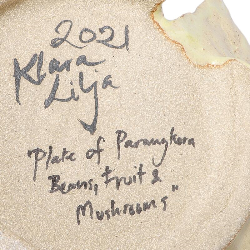 Artwork by Klara Lilja, “Plate of Parangkera Beans, Fruit &amp;amp; Mushrooms”, 2021, Made of Stoneware decorated with red, pink and light green glaze