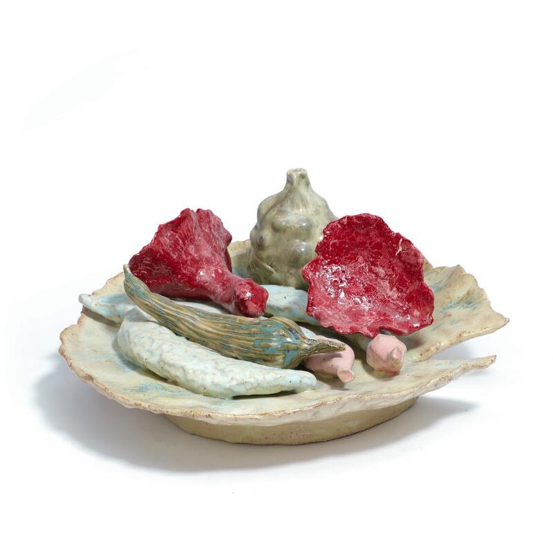 Artwork by Klara Lilja, “Plate of Parangkera Beans, Fruit &amp;amp; Mushrooms”, 2021, Made of Stoneware decorated with red, pink and light green glaze