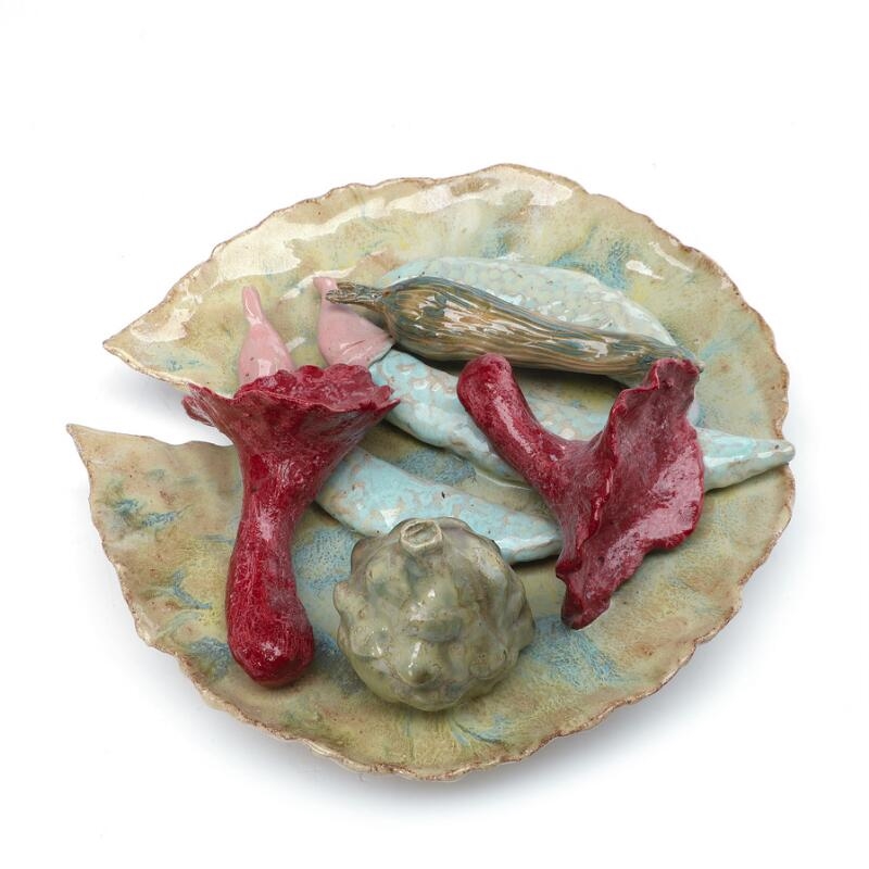 Artwork by Klara Lilja, “Plate of Parangkera Beans, Fruit &amp;amp; Mushrooms”, 2021, Made of Stoneware decorated with red, pink and light green glaze