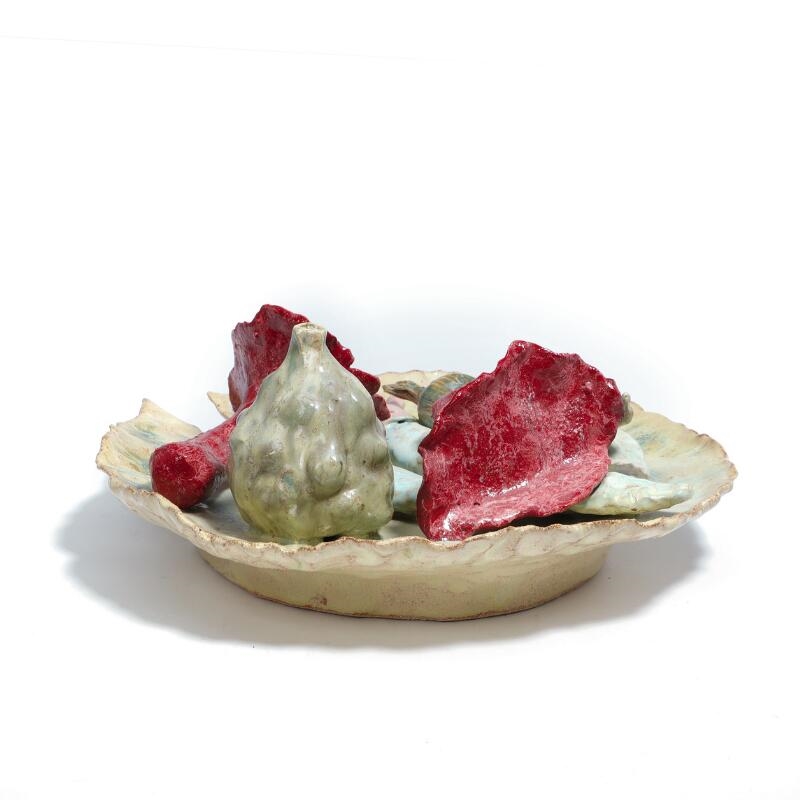 Artwork by Klara Lilja, “Plate of Parangkera Beans, Fruit &amp;amp; Mushrooms”, 2021, Made of Stoneware decorated with red, pink and light green glaze