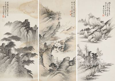 Three imitations of ancient landscapes by HE Ruisheng, 1930