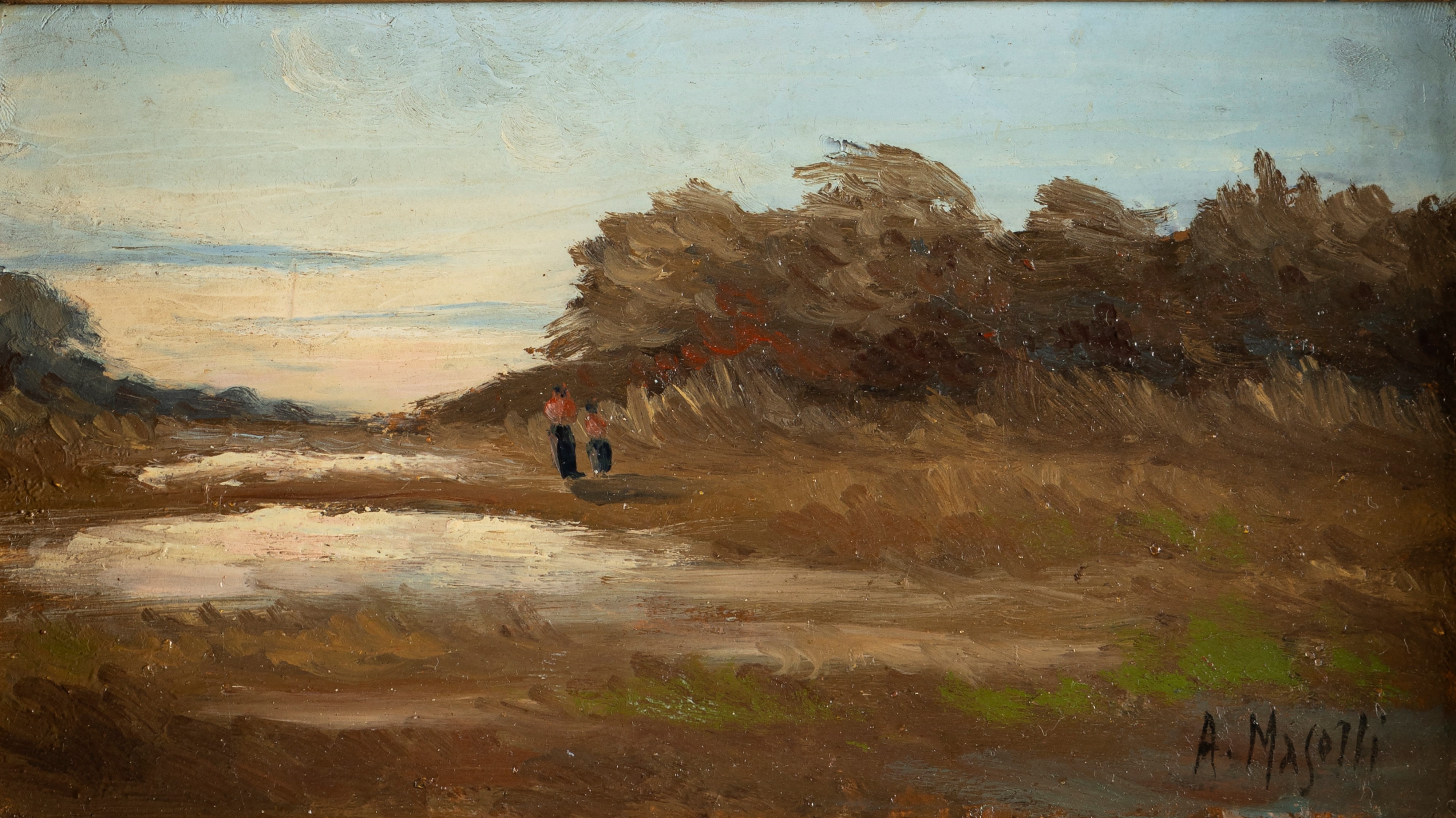 Artwork by Augusto Maselli, Landscape with figures, Made of oil on cardboard