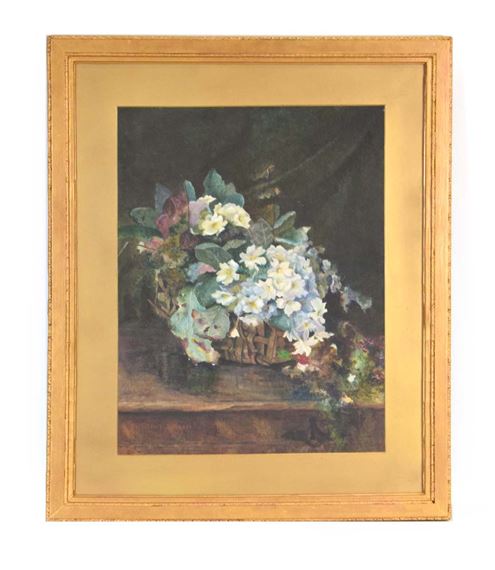 A still life study of flowers in a basket, by Milicent S. Grose, dated 1884