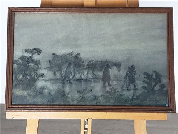 A moody landscape painting of figures and horses in a misty field.