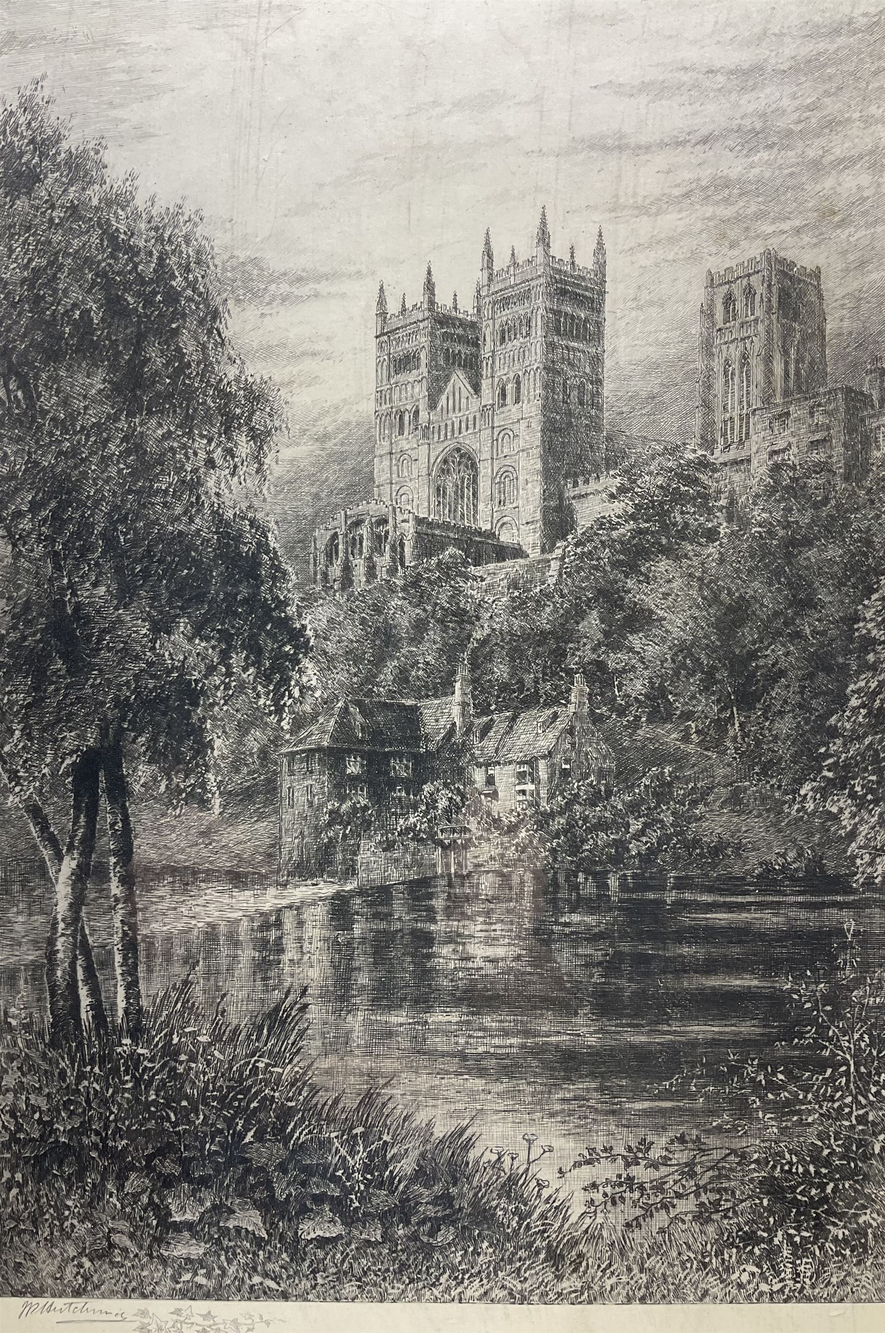Artwork by J.R. Hutchinson, Durham Cathederal from the Weir, Made of etching