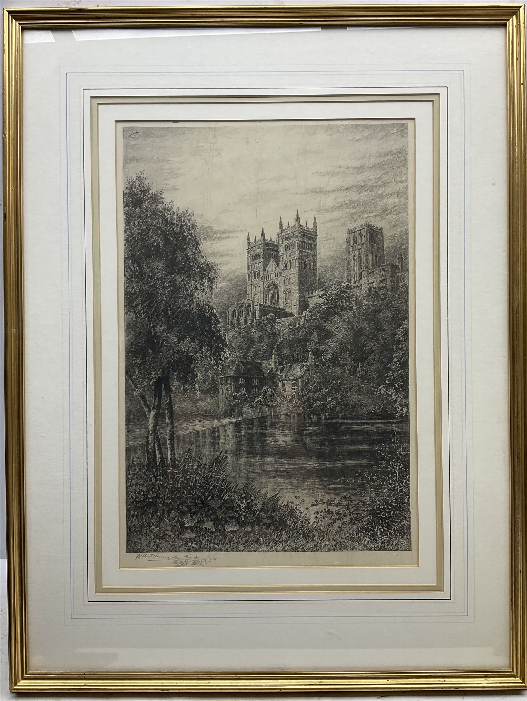 Artwork by J.R. Hutchinson, Durham Cathederal from the Weir, Made of etching